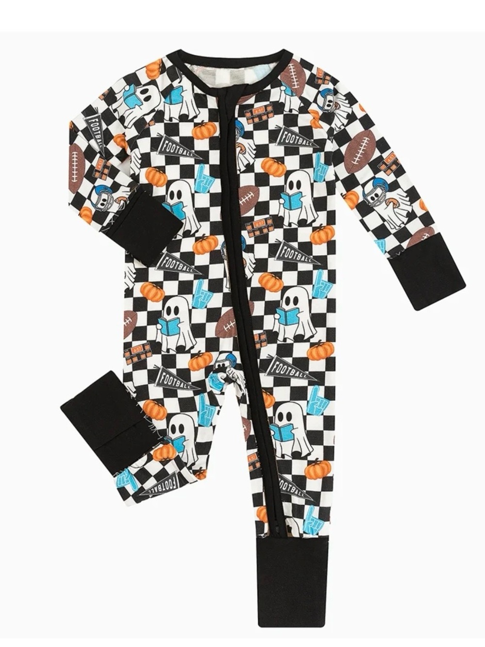 Halloween Football Ghost Print Kids One-Piece Pajamas - Black & White BAMBOO